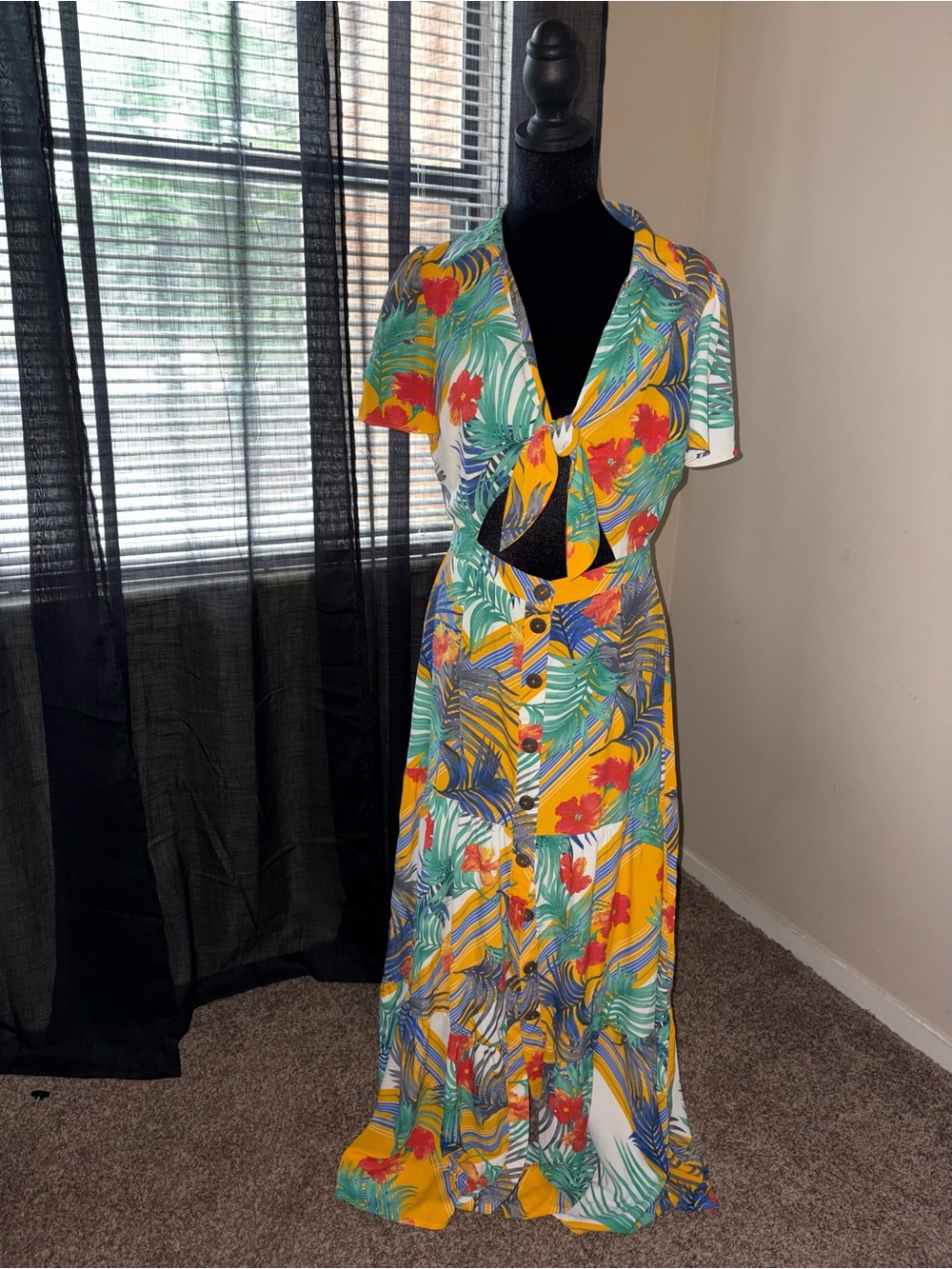 Tropical Tie-Front Maxi Dress in Yellow & Green